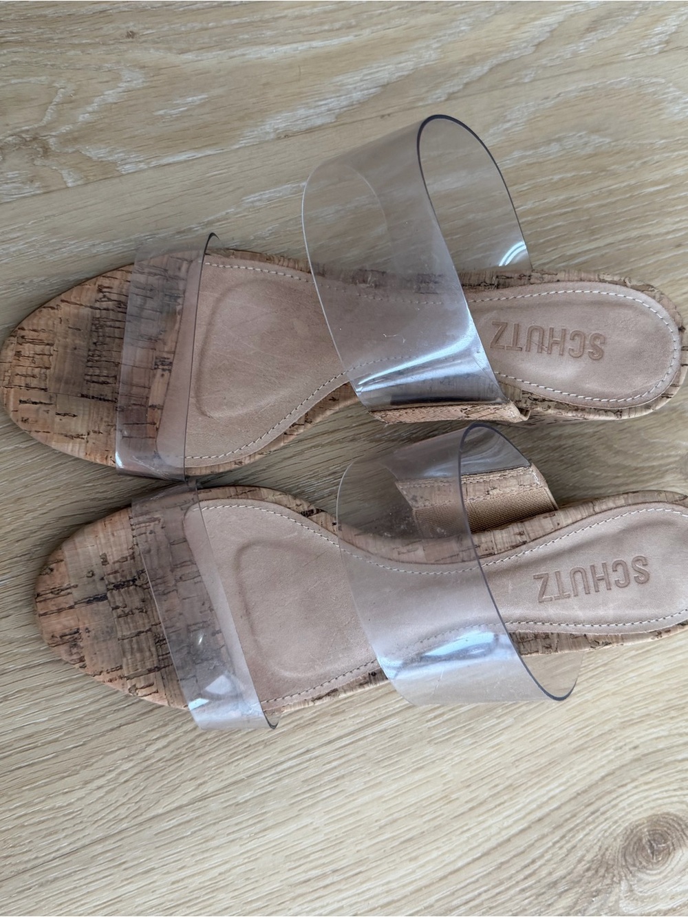 SCHUTZ Clear Double-Strap Cork Slide Sandals Nude